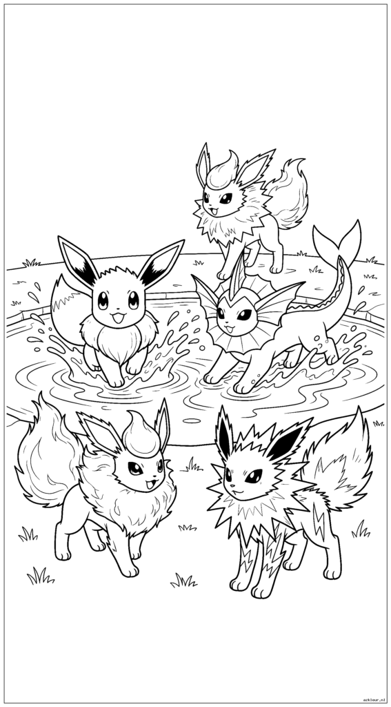 Eevee spettert in een vijver met Vaporeon terwijl Flareon en Jolteon vanaf de kust toekijken