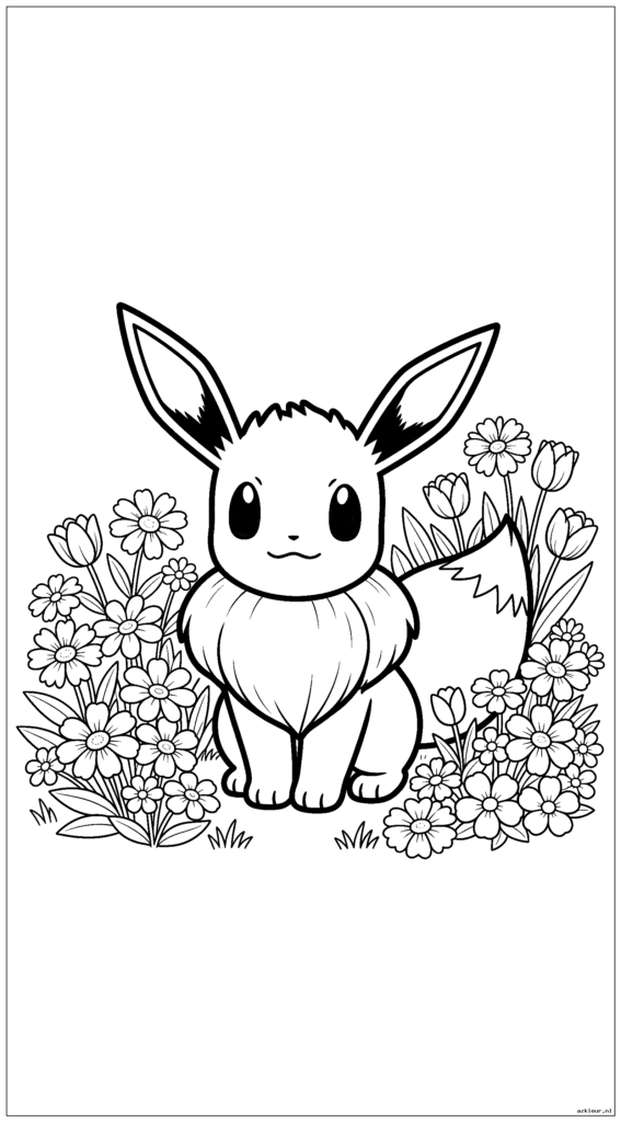 Eevee zit in een bloementuin, strikt zwart-wit lijntekeningen