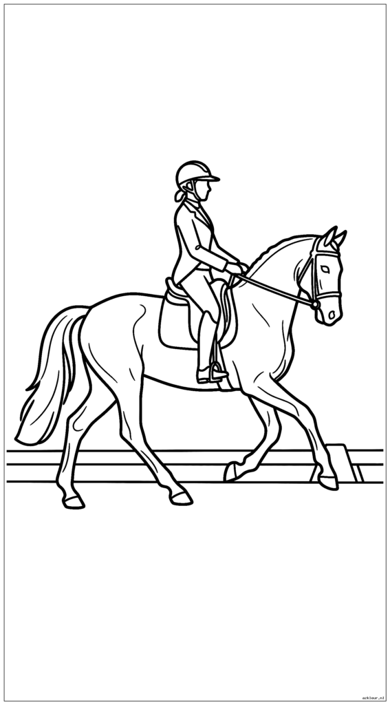 Elegant paard en ruiter die een verzamelde draf uitvoeren met een perfecte houding in een dressuurarena