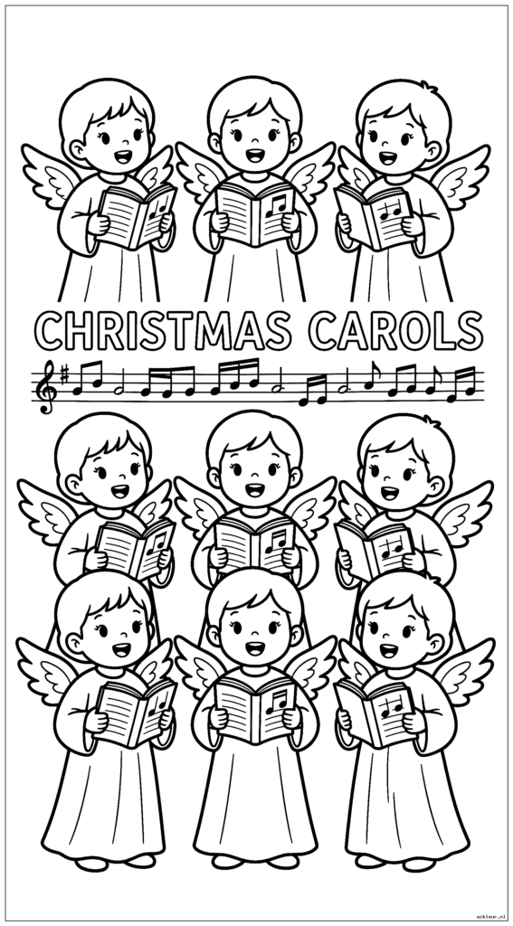 Engeltjeskoor dat kerstliederen zingt met bladmuziek