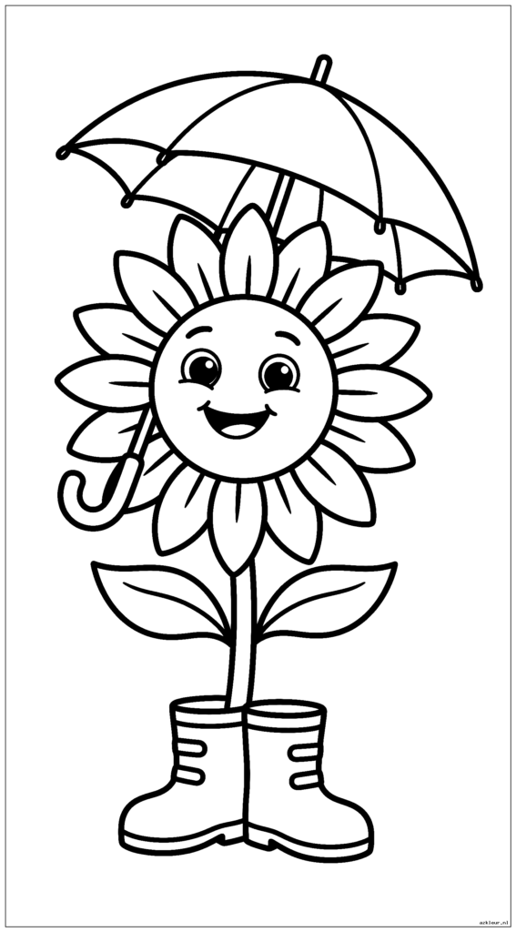 Enkele grote zonnebloem met regenlaarzen en een paraplu in de hand