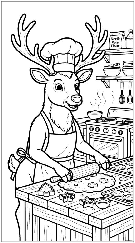 Feestelijke rendieren bakken kerstkoekjes in de Noordpoolkeuken