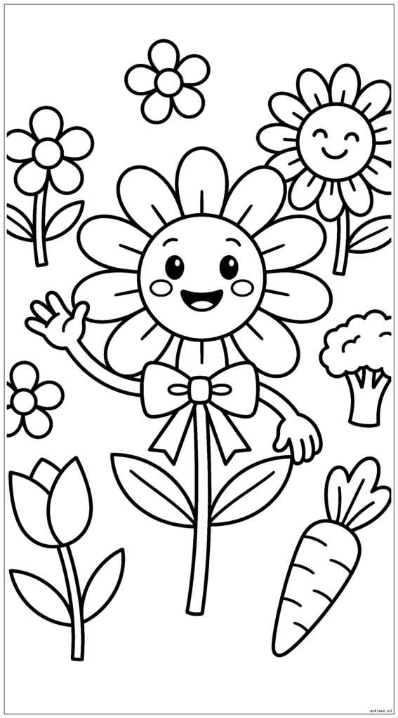 Fijne glimlachende madeliefjebloem met een schattige vlinderdas en zwaaiend met hallo