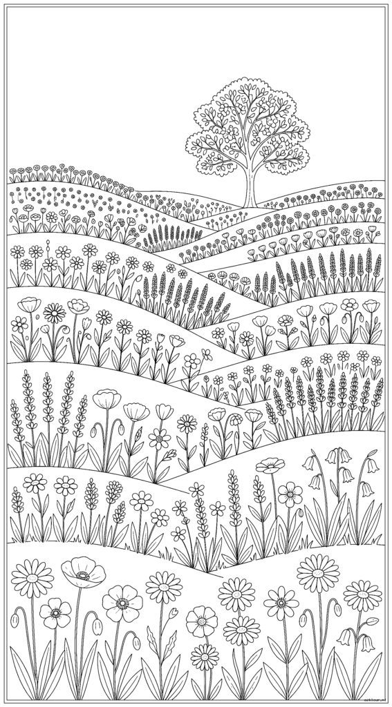 Glooiende heuvels bedekt met wilde bloemen met een enkele boom aan de horizon