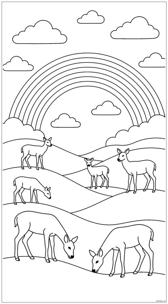 Glooiende heuvels met grazende herten onder de regenboogboog en verspreide regenwolken