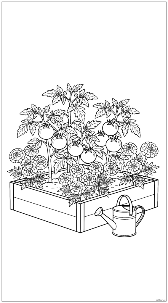 Goudsbloemen die tomatenplanten beschermen in een tuinbed met een kleine gieter in de buurt