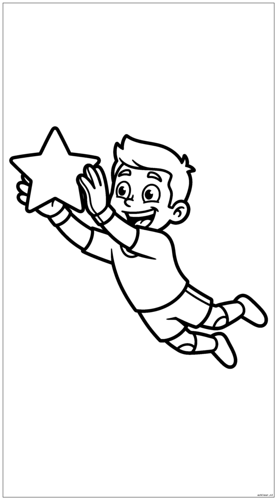 Grappige tekenfilmdoelman die duikt om een ​​stervormige bal te vangen