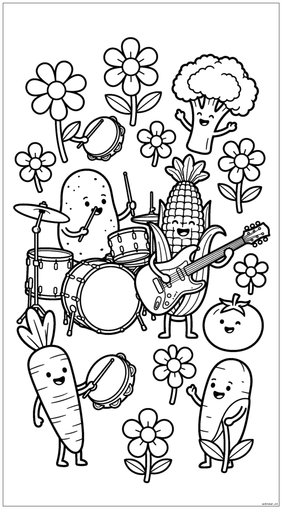 Groenten hebben een bandoefening met aardappel op drums en maïs op gitaar