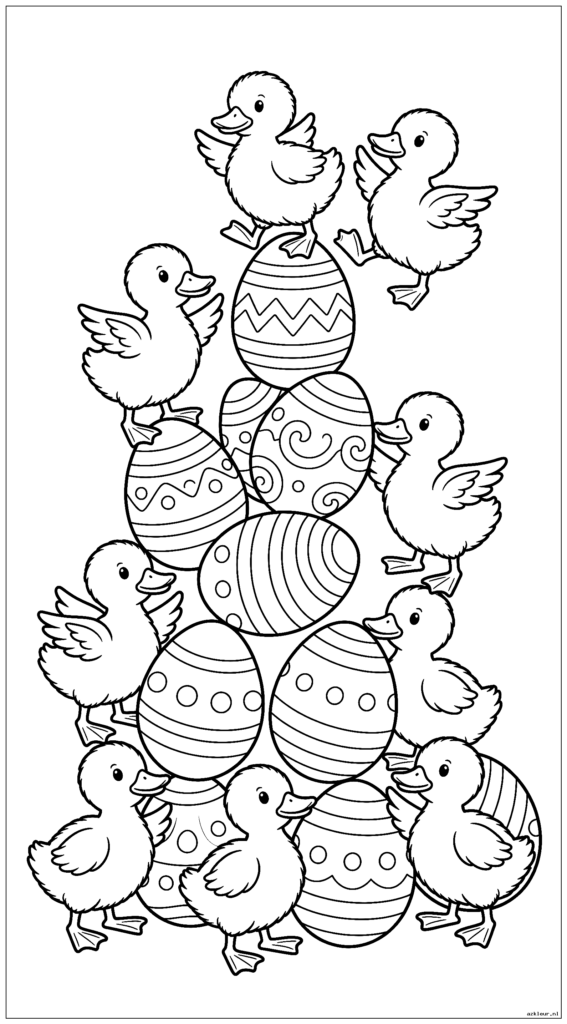 Groep babyeendjes die een piramide bouwen met paaseieren als acrobaten