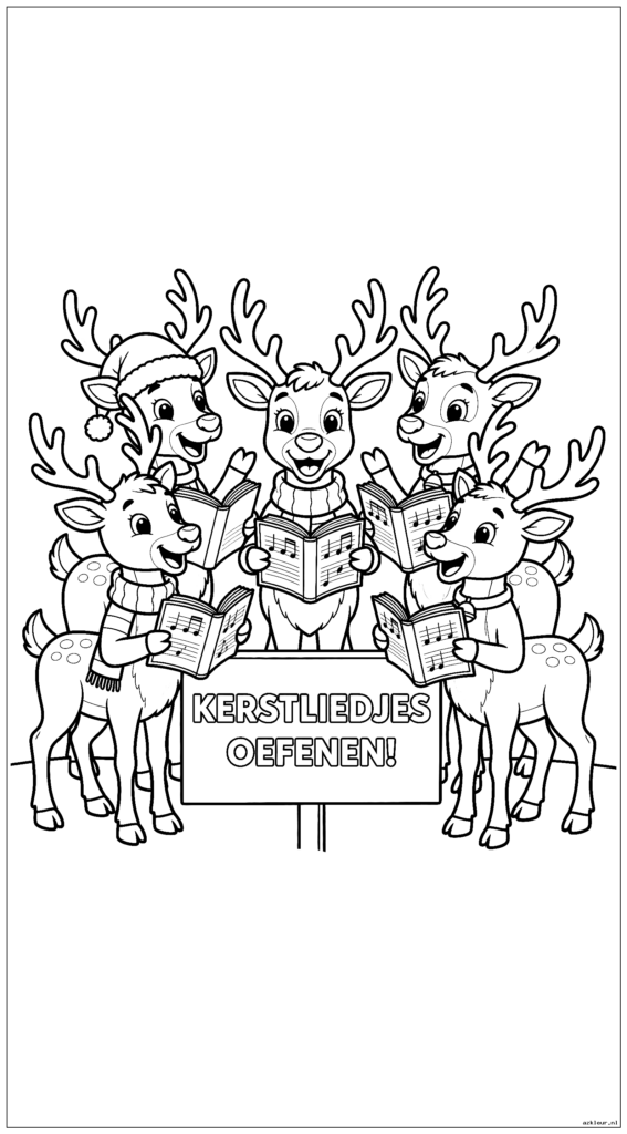 Groep rendieren die een kerstlied zingen oefenen