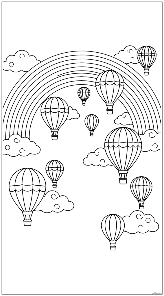 Heteluchtballonnen zweven tussen twee concentrische regenboogbogen en pluizige wolken