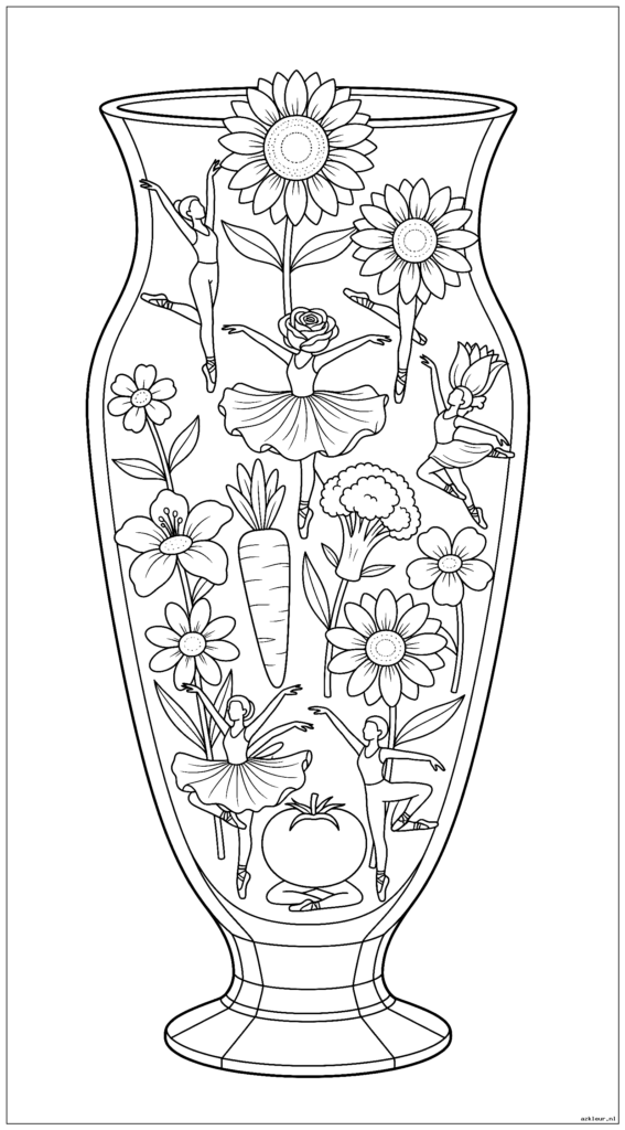 Hoge kristallen vaas waar bloemen een balletvoorstelling geven