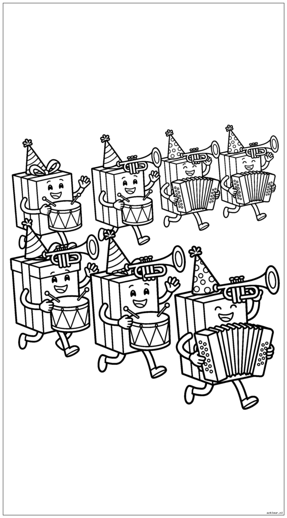 Huidige dozen met een parade met muziekinstrumenten en feestmutsen