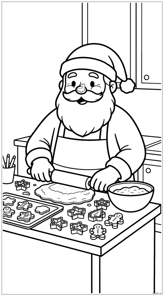 Jolly Santa Claus bakt kerstkoekjes in zijn keuken met bloem op zijn neus