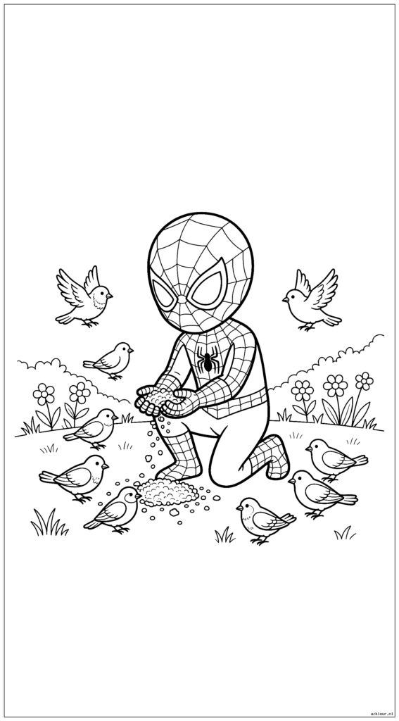 Jonge Spiderman voedt vogels in de tuin met broodkruimels
