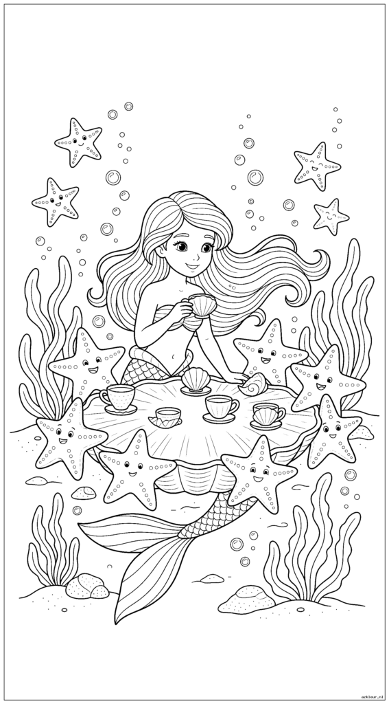 Jonge zeemeermin heeft een theekransje onder zee met zeesterrenvrienden die zeeschelpbekers gebruiken