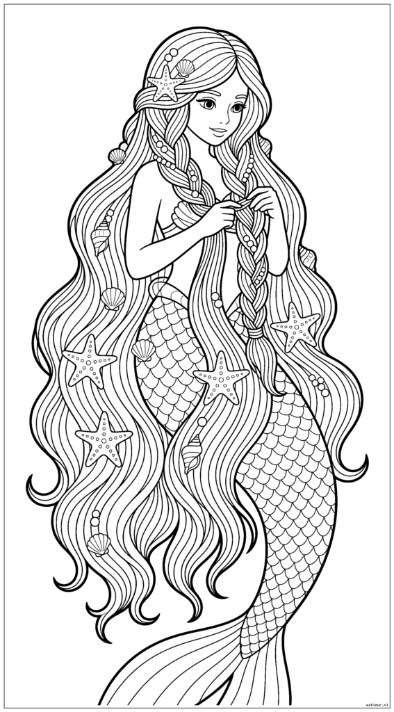 Jonge zeemeermin vlecht haar lange haar terwijl zeesterren het versieren met schelpen en parels