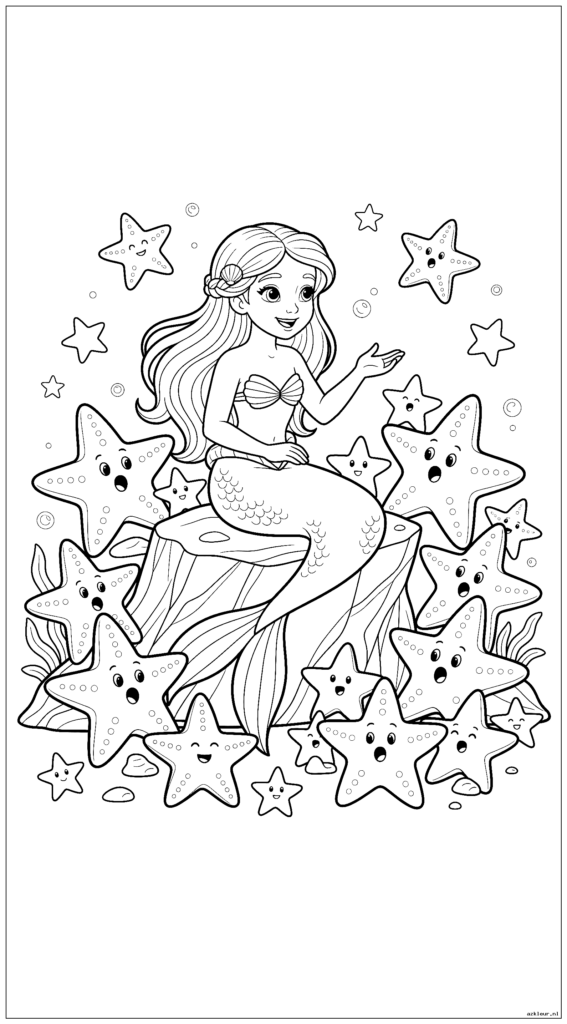 Jonge zeemeerminprinses zit op een rots en leert een groep zeesterren hoe ze moeten zingen