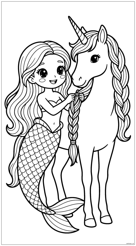 Kawaii zeemeermin die de manen van de eenhoorn vlecht
