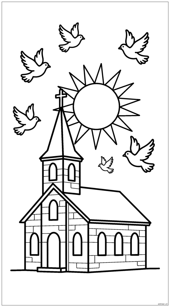 Kerk met paasochtendzonsopgang en vliegende duiven