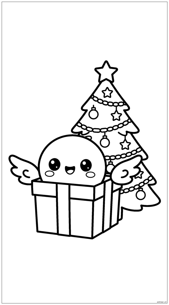 Kerstcadeau in Kawaii-stijl met kleine engelenvleugels en een vrolijk lachend gezichtje dat achter een kerstboom vandaan gluurt