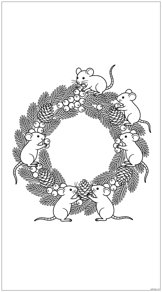 Kerstkrans gemaakt door muizen die bessen en dennenappels toevoegen