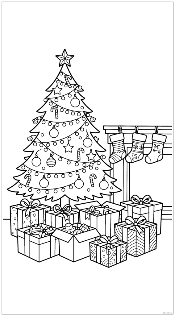 Kerstochtendtafereel met geopende en ongeopende cadeautjes onder een versierde boom met kousen die vlakbij hangen