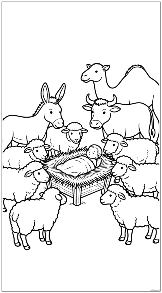 Kerststal met dieren die zich verzamelen rond het kindje Jezus in de kribbe