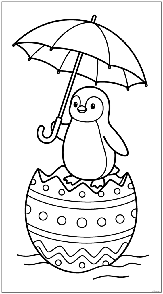 Kleine pinguïn die een paasei als boot gebruikt terwijl hij een paraplu vasthoudt