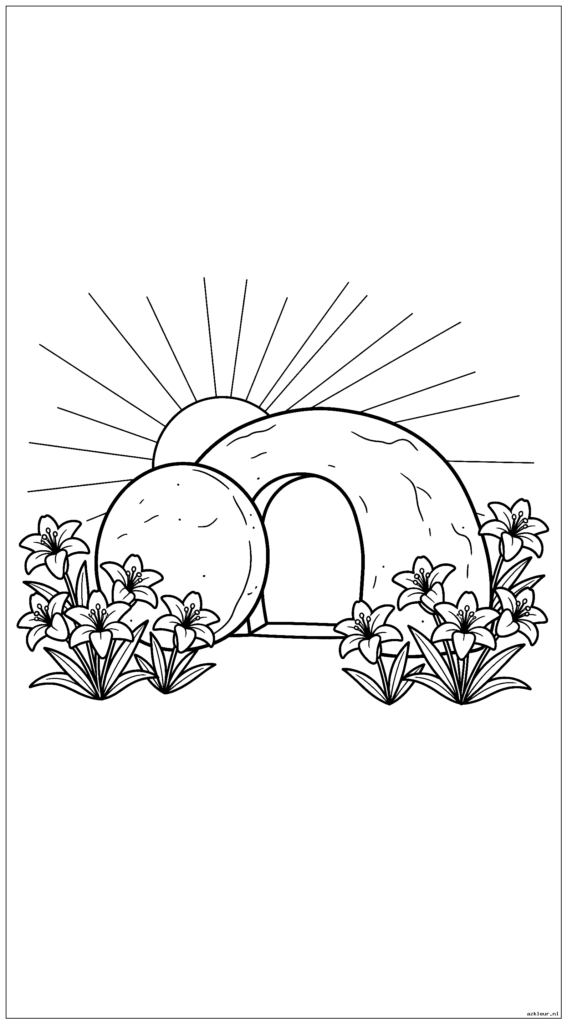 Leeg graf met paaslelies en ochtendzonstralen