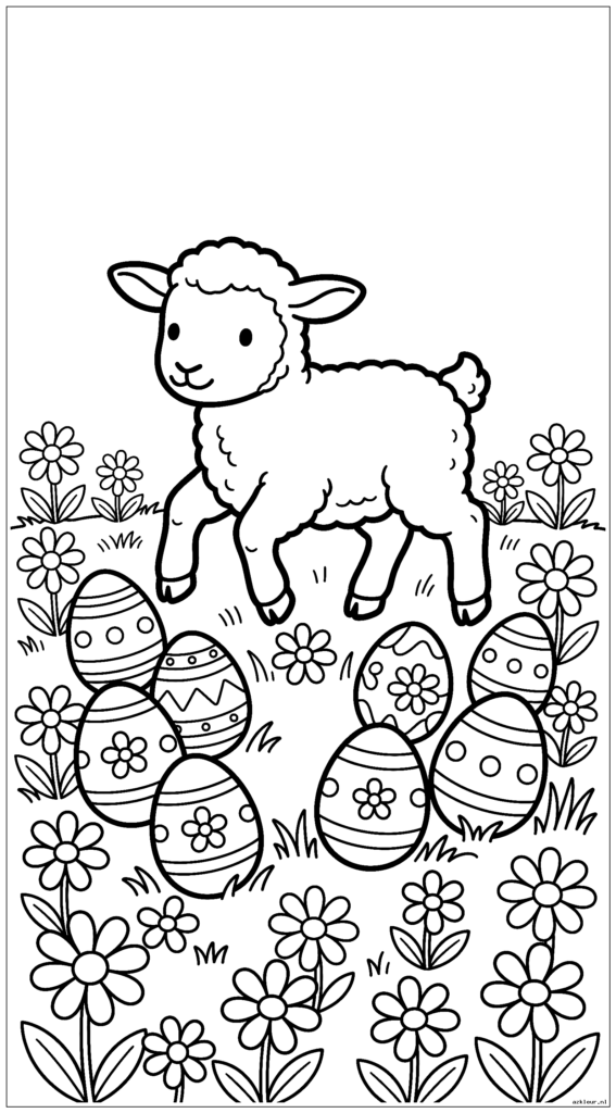 Lentelammetje speelt met paaseieren in een weiland vol madeliefjes