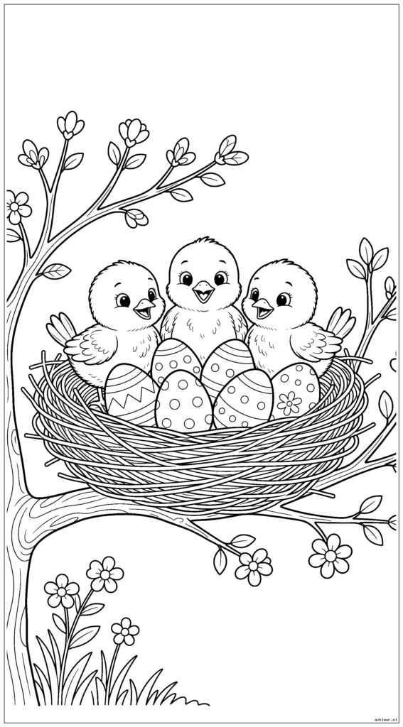 Lentetafereel met babyvogels in het nest die versierde paaseieren ontdekken