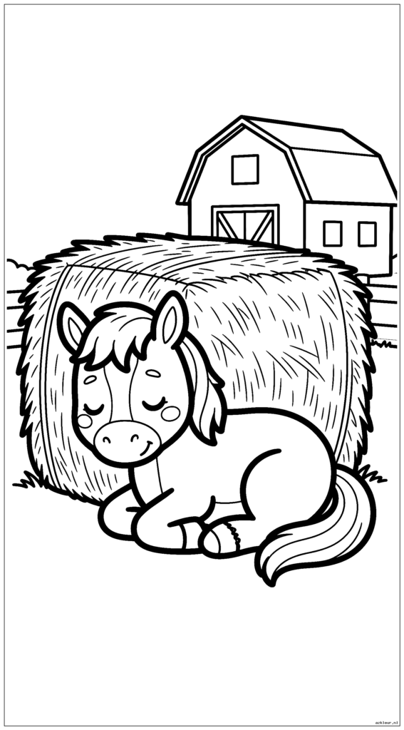 Leuk cartoonpaard dat een dutje doet onder een hooibaal