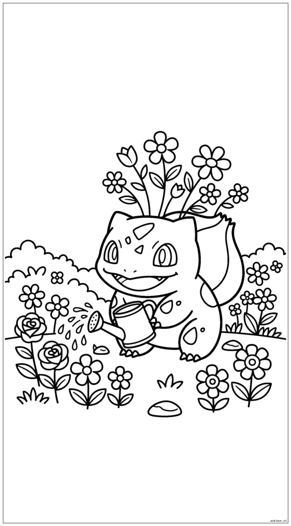 Leuke Bulbasaur die bloemen water geeft die uit zijn bol in een tuin groeien