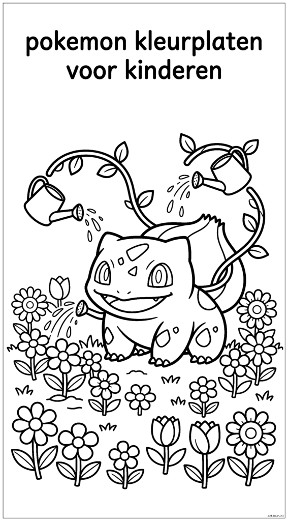 Leuke Bulbasaur die bloemen water geeft in een tuin met zijn wijnstokzweep