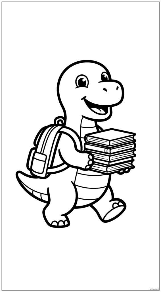 Leuke dinosaurus die een rugzak draagt ​​en met boeken naar school gaat