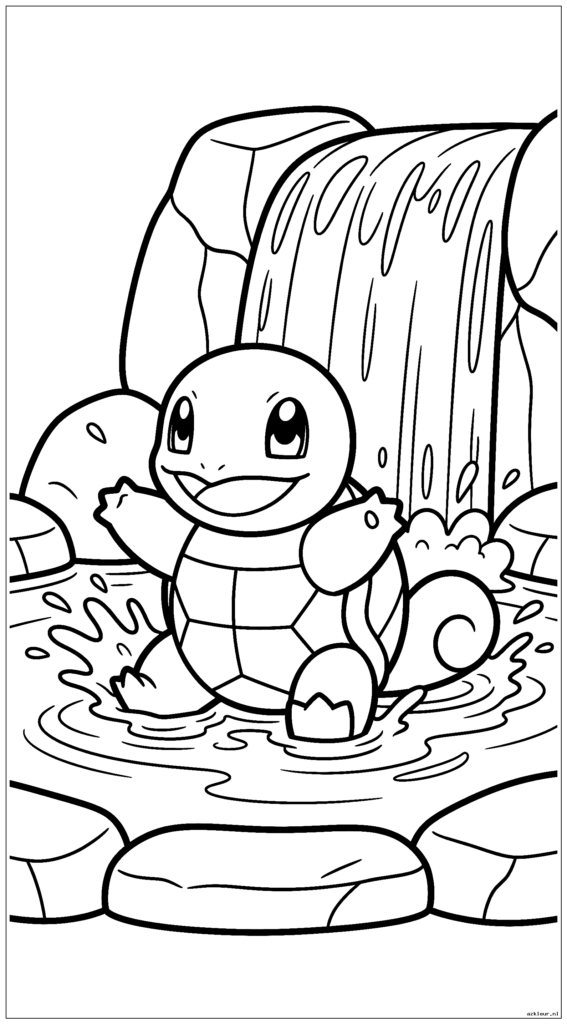 Leuke Squirtle Pokemon die in een watervalzwembad speelt