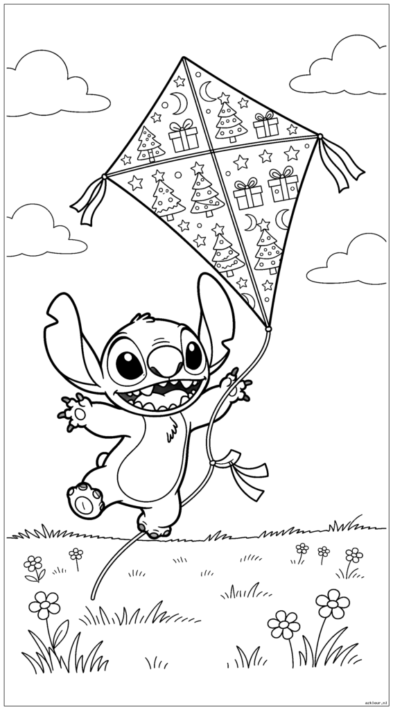 Leuke Stitch die een kleurrijke vlieger laat vliegen in een eenvoudige weide met wolken