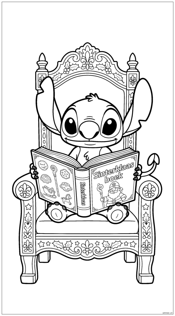 Leuke Stitch-lezing uit het grote Sinterklaasboek zittend op een troon