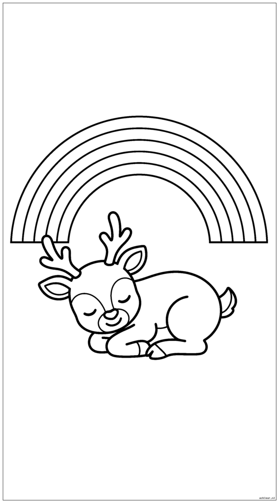 Lief babyrendier dat een dutje doet onder een regenboog