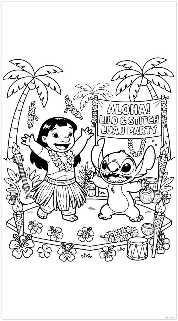 Lilo en Stitch houden een traditioneel Hawaïaans luau-dansfeest