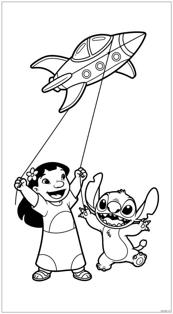Lilo en Stitch vliegen met een vlieger in de vorm van een ruimteschip