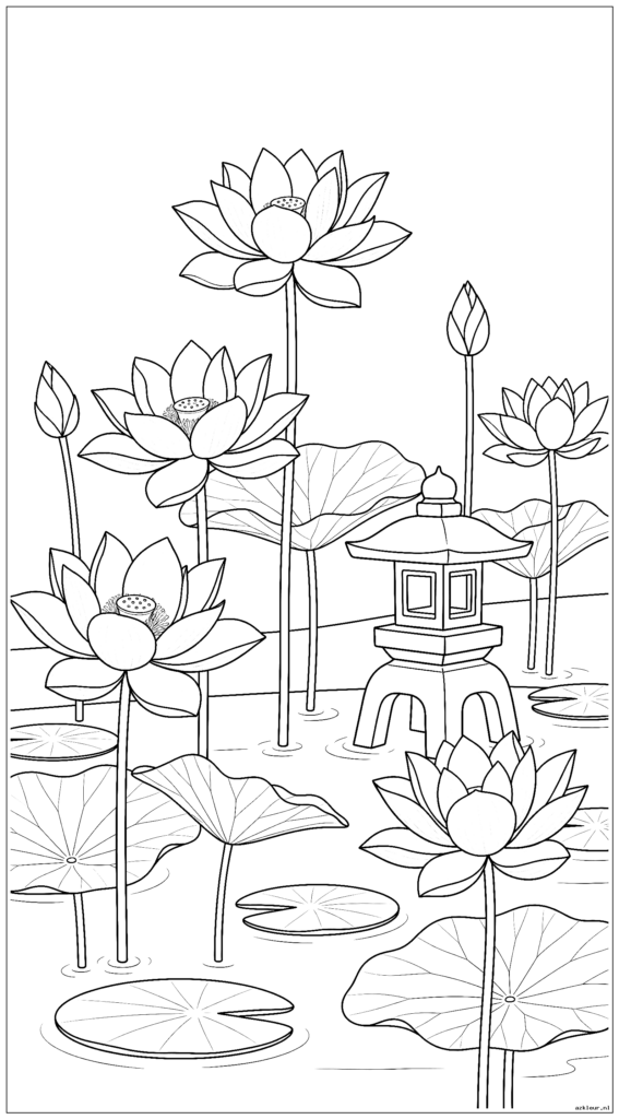 Lotusbloemen bloeien in een vijver met een decoratieve stenen lantaarn aan de kust