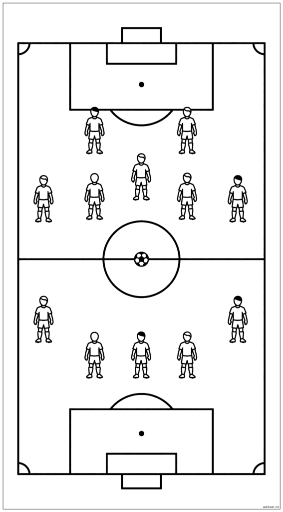 Luchtfoto van voetbalveld met beide teams in positie voor de aftrap