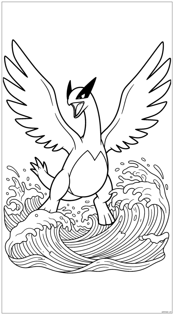 Lugia die met gespreide vleugels uit de oceaangolven tevoorschijn komt