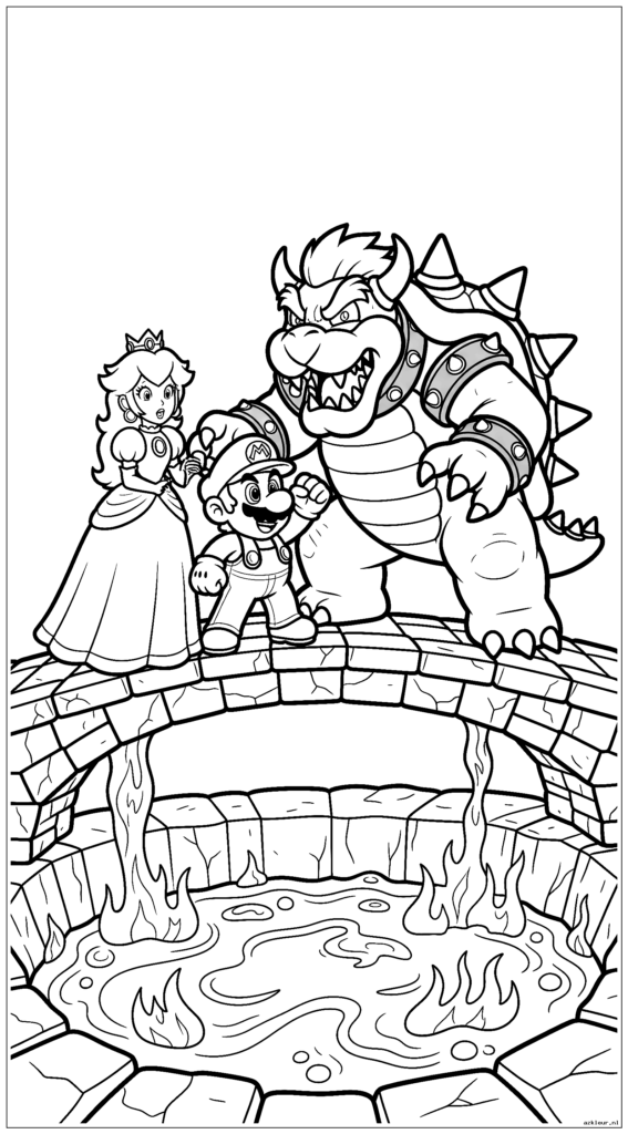 Mario beschermt Peach terwijl ze allebei het opnemen tegen Bowser op een brug over lava