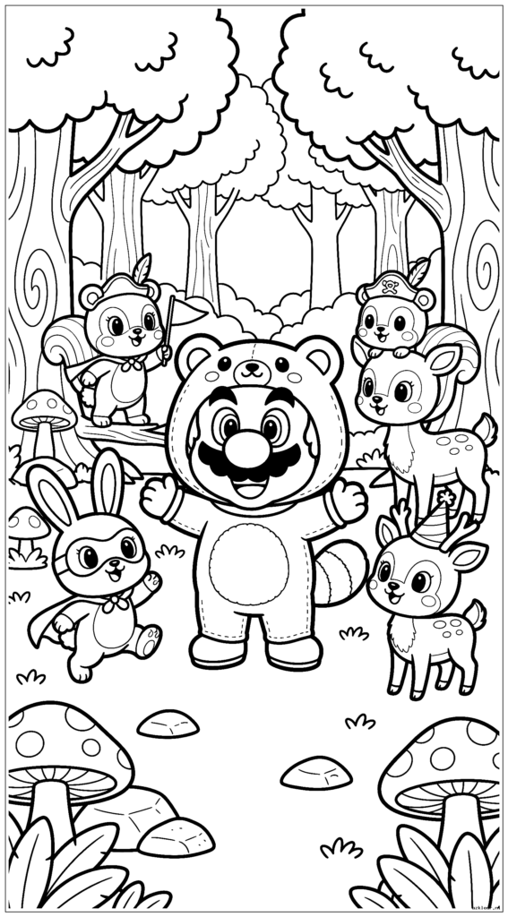 Mario draagt ​​een eenvoudig dierenkostuum omringd door ook verklede dieren