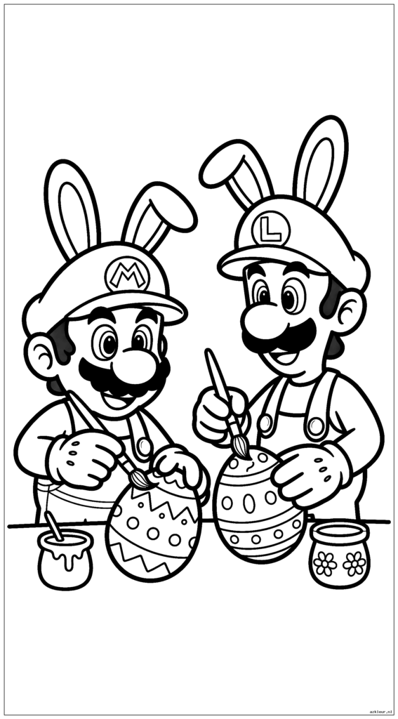 Mario draagt ​​konijnenoren terwijl hij samen met Luigi paaseieren schildert