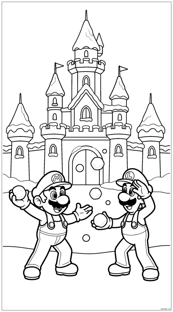 Mario en Luigi hebben een sneeuwballengevecht voor het met sneeuw bedekte kasteel van Peach