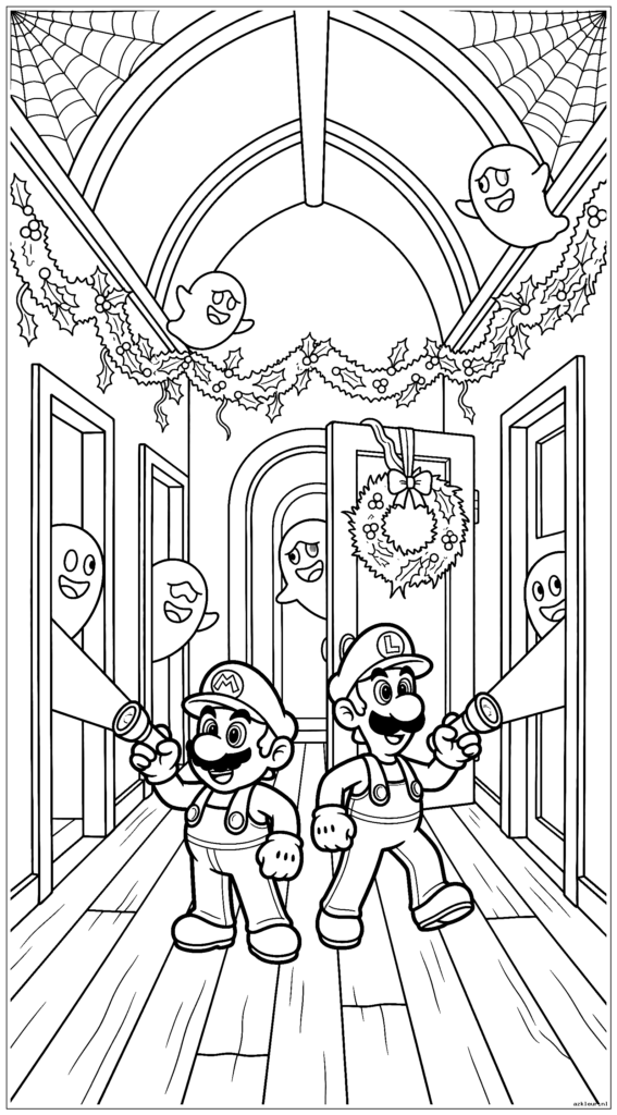 Mario en Luigi verkennen een griezelig landhuis met zaklampen terwijl geesten om de hoeken gluren